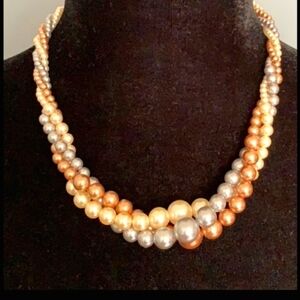 Vintage Multi Strand Fresh Water Faux Pearl Necklace Unique Mid Century Classic